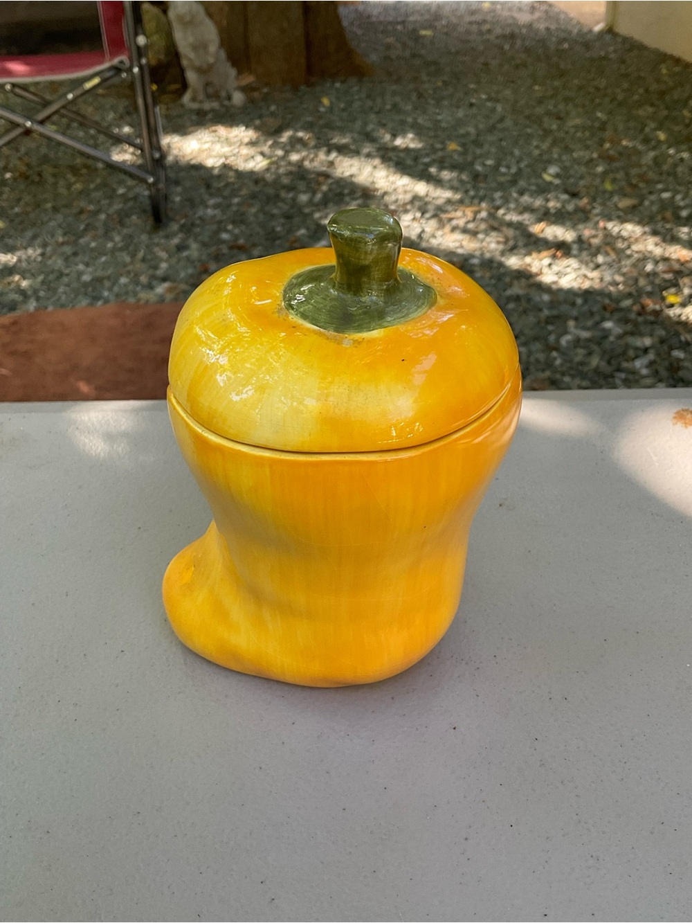 IKEA Yellow Ceramic Gourd Jar with Green Stem Lid